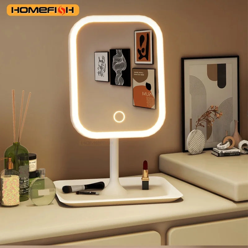 Niche Modern Desktop Vanity Mirror 3 Color Light LED Makeup Mirror Touching Mirror Women Bedroom Dressing Mirror