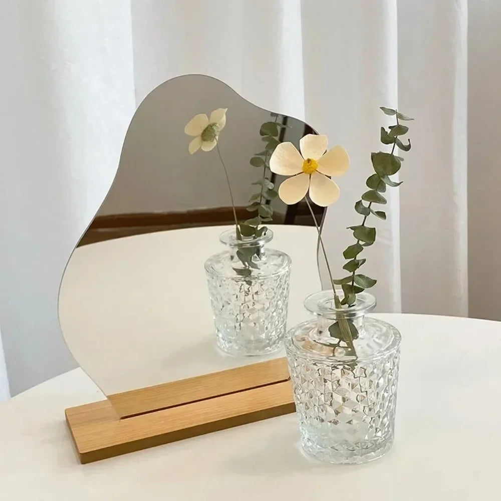 Decorative Mirror, Acrylic Wooden Base, Minimalist Irregular Makeup Mirror, Bedroom Vanity Mirror, Beauty Cosmetics