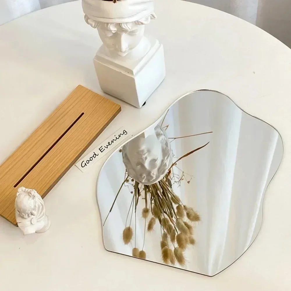 Decorative Mirror, Acrylic Wooden Base, Minimalist Irregular Makeup Mirror, Bedroom Vanity Mirror, Beauty Cosmetics