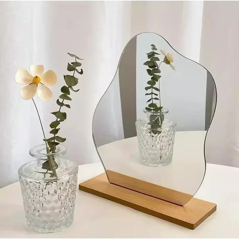 Decorative Mirror, Acrylic Wooden Base, Minimalist Irregular Makeup Mirror, Bedroom Vanity Mirror, Beauty Cosmetics