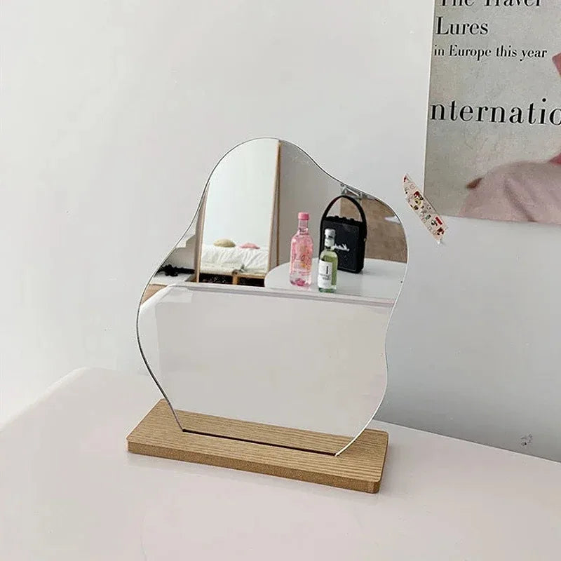 Decorative Mirror, Acrylic Wooden Base, Minimalist Irregular Makeup Mirror, Bedroom Vanity Mirror, Beauty Cosmetics